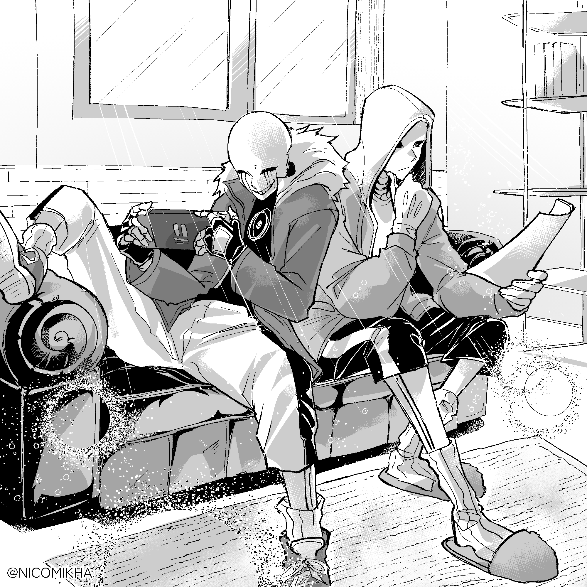 Characters resting, reading and gaming